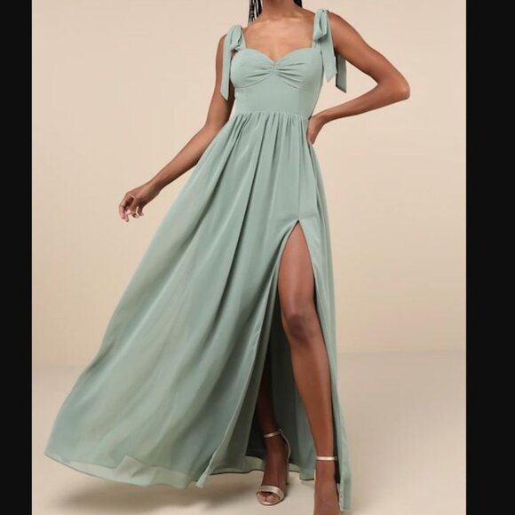 NWOT Radiant Charisma Sage Brush Chiffon Ruched Tie-Strap Maxi Dress - Picture 1 of 5